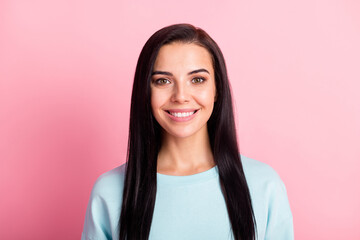 Photo of pretty lady good mood smiling white teeth wear sweatshirt isolated pink color background