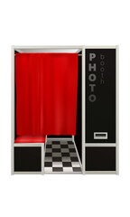 classic outdoor black photo booth with red curtain isolated on white background. 3d realistic vector illustration