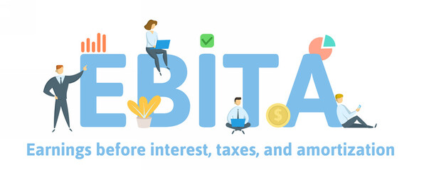 EBITA, Earnings Before Interest and Taxes and Amortization. Concept with keywords, people and icons. Flat vector illustration. Isolated on white background.