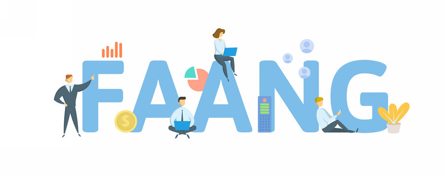 FAANG, Big Tech. Concept with keyword, people and icons. Flat vector illustration. Isolated on white background.