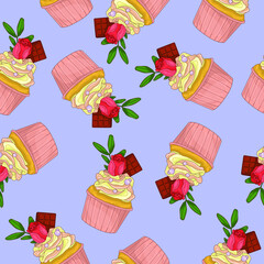 Cupcakes with colorful cream, rose flower and chocolate seamless pattern. Vector illustration on pastel blue background for games, background, pattern, decor. Print for fabrics and other surfaces.