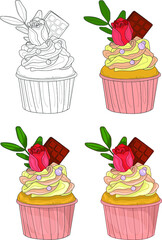 Cupcakes with colorful cream, rose flower and chocolate in four different ways. Vector illustration set, sketch in black and white for games, background, pattern, decor. Print for fabric.Coloring page