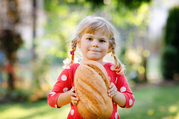 Little toddler girl holding big loaf of bread. Funny happy child biting and eating healthy bread, outdoors. Hungry kid.