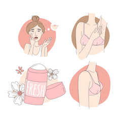 Pimples on face. Hair in armpits. Breast development. Women deodorant.
