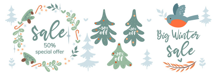 Winter sales banner with white background. Vector graphics.