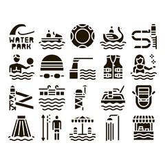Water Park Attraction Glyph Set Vector. Swimming Wear And Equipment, Life Jacket And Lifebuoy, Boat And Water Park Pool Glyph Pictograms Black Illustrations