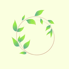 Round banner of branches with leaves. Green leaves in a circle. Place for text.