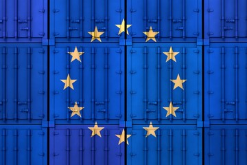 Flag of EU. Import export business. Stacked cargo containers. The restart of european economy....