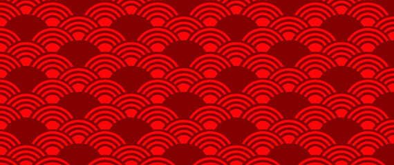 Fototapeta premium Seigaiha or Seigainami literally means wave of the sea, ocean waves. Traditional Chinese, Japanese texture. Oriental New Year. Flat vector seamless ornament background concept. Red wave pattern.