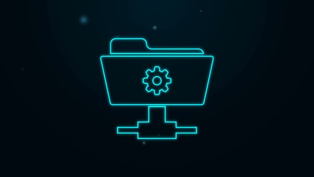 Glowing neon line FTP settings folder icon isolated on black background. Software update, transfer protocol, router, teamwork tool management, copy process. 4K Video motion graphic animation.