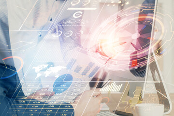 Multi exposure of tech drawings with man working on computer background. Concept of innovation.