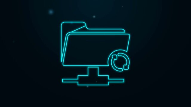 Glowing neon line FTP sync refresh icon isolated on black background. Software update, transfer protocol, router, teamwork tool management, copy process. 4K Video motion graphic animation.