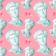 Obraz premium Seamless pattern with Head of Michelangelo's David and hearts on a pink background. 3d render illustration. 