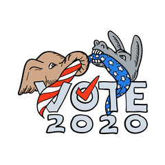 Cartoon style illustration of a Republican elephant and Democratic donkey in tug-o-war with USA stars and stripes flag with words Vote 2020 on isolated background done in full color.