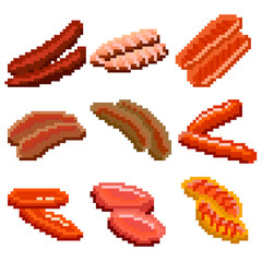 A set of nine food items consisting of pixels. Various sausages. Old graphics, interesting images for games, websites, restaurant menus, and much more.