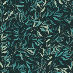 Green leaves on a dark background, seamless pattern. Vector illustration for home textiles.