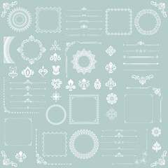 Vintage set of vector horizontal, square and round elements. Different elements for backgrounds, frames and monograms. Classic light blue and white patterns. Set of vintage patterns