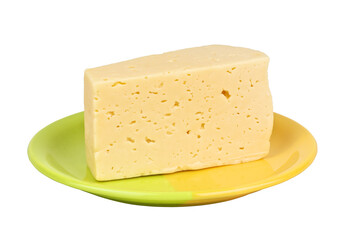 Piece of cheese on a plate on a white background