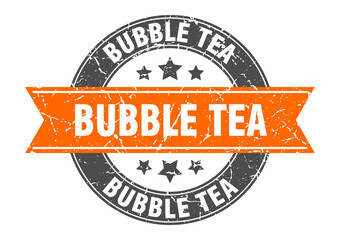 bubble tea round stamp with ribbon. label sign
