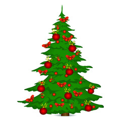 New Year tree with red decorations on a white background. Vector illustration