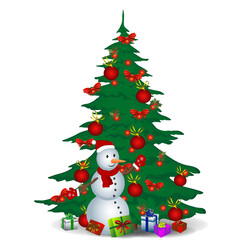 New Year decorated Christmas tree with a snowman and gifts on a white background.. Vector illustration