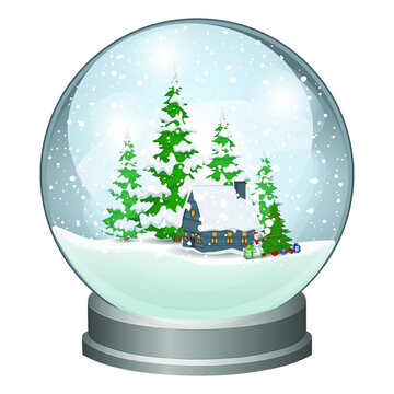 Snow globe with Christmas trees, a snowman and a house. Winter fairy tale. Vector illustration