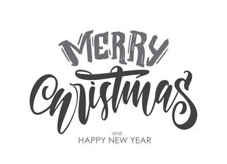 Hand drawn type lettering of Merry Christmas and Happy New Year isolated on white background.