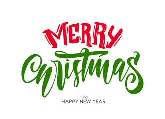 Hand drawn type lettering of Merry Christmas and Happy New Year on white background. Vector illustration