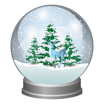 Snow globe with Christmas trees and a forest deer. Winter fairy tale. Vector illustration.