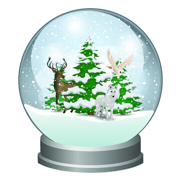 Snow globe with Christmas trees and wild animals. Wild deer, wolf and owl in winter. Winter fairy tale. Vector illustration.