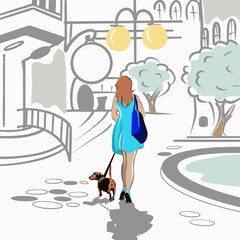 Girl with a dog on the street of a small town.