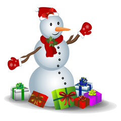 Decorated snowman with gifts on a white background. Vector illustration