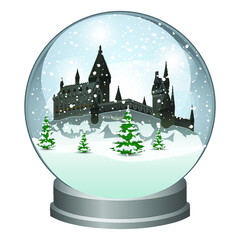Snow globe with Castle on the mountain. Winter fairy tale. School building of sorcery and magic. Vector illustration
