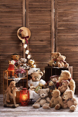 vintage teddy bear family sitting in rustic style room