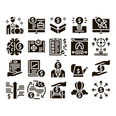 Crowdfunding Business Glyph Set Vector. Crowdfunding Financial Web Site And Book, Dollar Banknote And Coin, Brain And Box Glyph Pictograms Black Illustrations