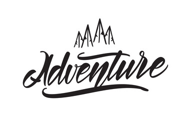 Vector illustration: Hand drawn emblem with pine forest and handwritten lettering of Adventure.