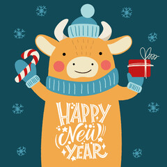 Happy new year. Bull in a hat with a gift and an inscription on the belly. Great lettering for greeting cards, stickers, banners, prints and home interior decor. Xmas card. Merry Christmas 2021.