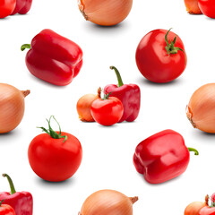 Vegetables seamless pattern on a white background. Sweet red peppers, onions and tomatoes. Geometric composition in the style of pop art. Creative minimal flat lay.