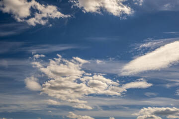 Blue sky background with white striped clouds. Clearing day and Good windy weather