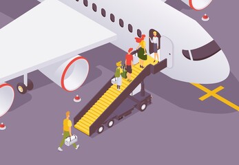 People getting to aircraft isometric scene. Vector characters with luggage and bags walking on passenger stairs while boarding