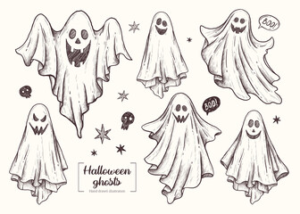 Halloween ghosts. Halloween animal. Vector Hand Drawn. Line art. Sketch Illustration. Ghost. 