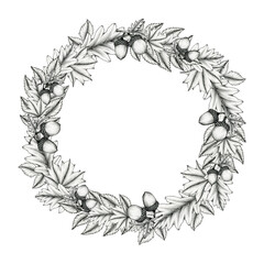 vintage autumn wreath decoration with acorns, maple leaf and oak leaf, black and white ink fall botanical illustration for wedding, greeting card or mid season sale