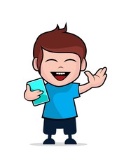 Cartoon Character of Young Kid with Smartphone for Online Education