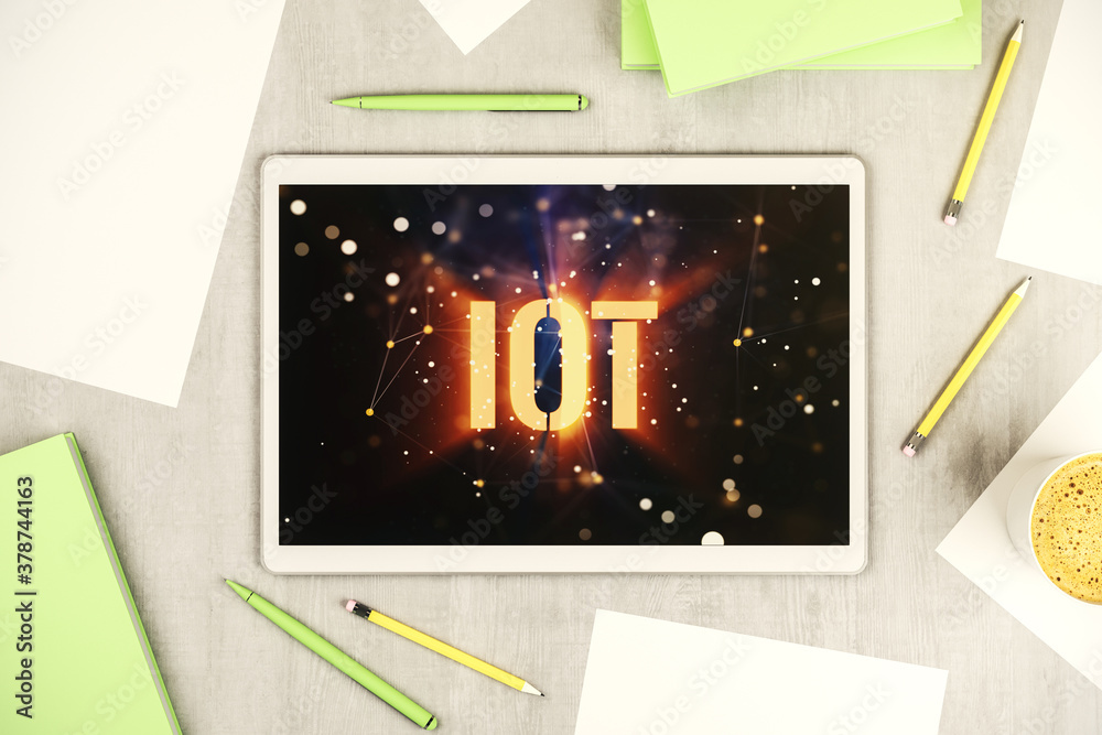 Poster Modern digital tablet monitor with creative IOT hologram, research and development concept. Top view. 3D Rendering