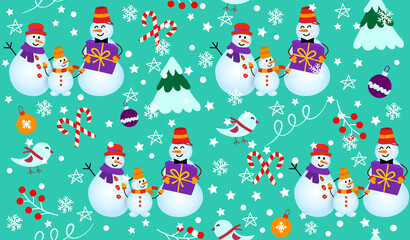 Winter pattern with snowmen, tree and gifts. Family Snowman on green background. Vector Seamless pattern. can be used for Christmas cards or wrapping paper.