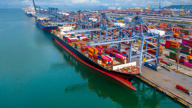 Container ship, Freight shipping maritime vessel, Global business import export commerce trade logistic and transportation oversea worldwide by container cargo ship boat, Aerial view.