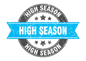 high season round stamp with ribbon. label sign