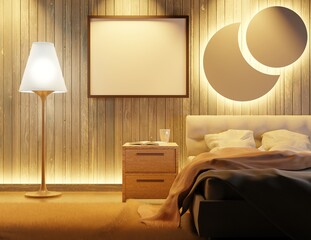 Template of an empty poster on the wall in the bedroom. Night interior. Double bed and floor lamp. 3D rendering.