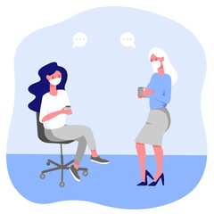 Office workers are speaking and wearing protection masks, drinking coffee. Co-workers keep physical distancing at business meeting. Time of pandemic Covid-19.