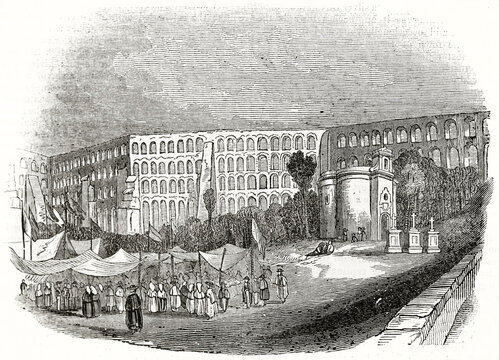 Amoreira arched aqueduct overall view, Elvas, Portugal. Ancient market and people. Ancient engraving style art by unidentified author, The Penny Magazine, London 1837